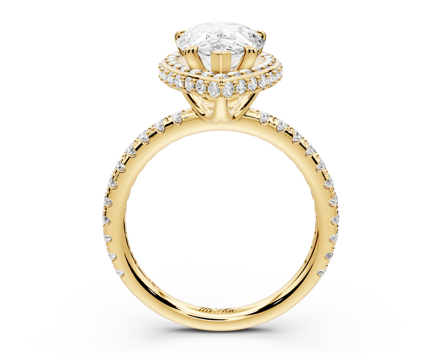 Amelie - 2ct 14k yellow gold pear Diamond with Rollover Halo and Pavé Engagement Ring