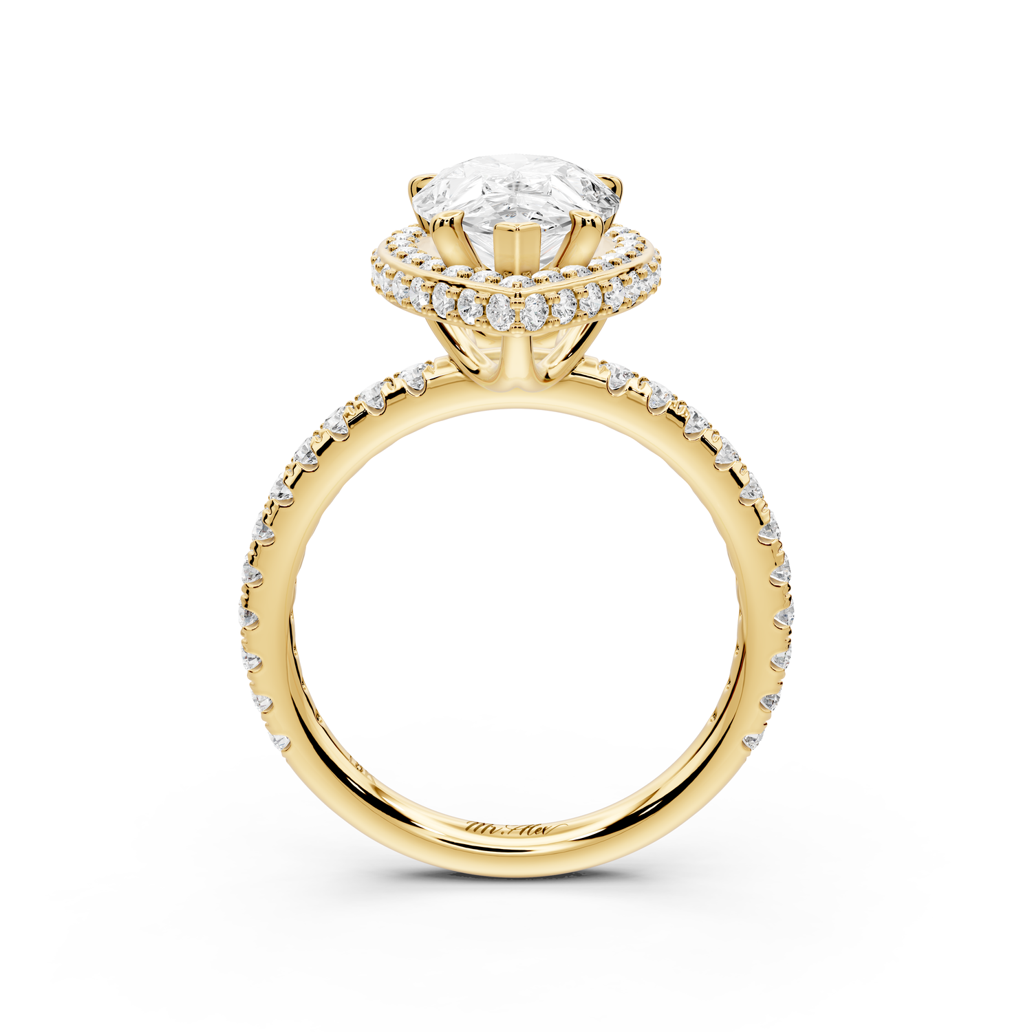 Amelie - 2ct 14k yellow gold pear Diamond with Rollover Halo and Pavé Engagement Ring