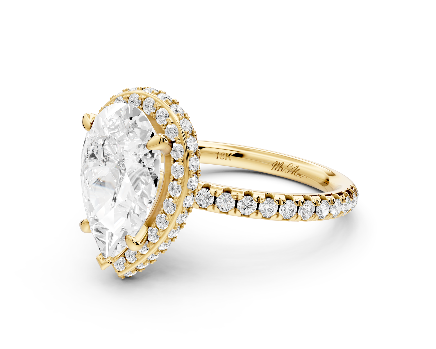 Amelie - 2ct 14k yellow gold pear Diamond with Rollover Halo and Pavé Engagement Ring