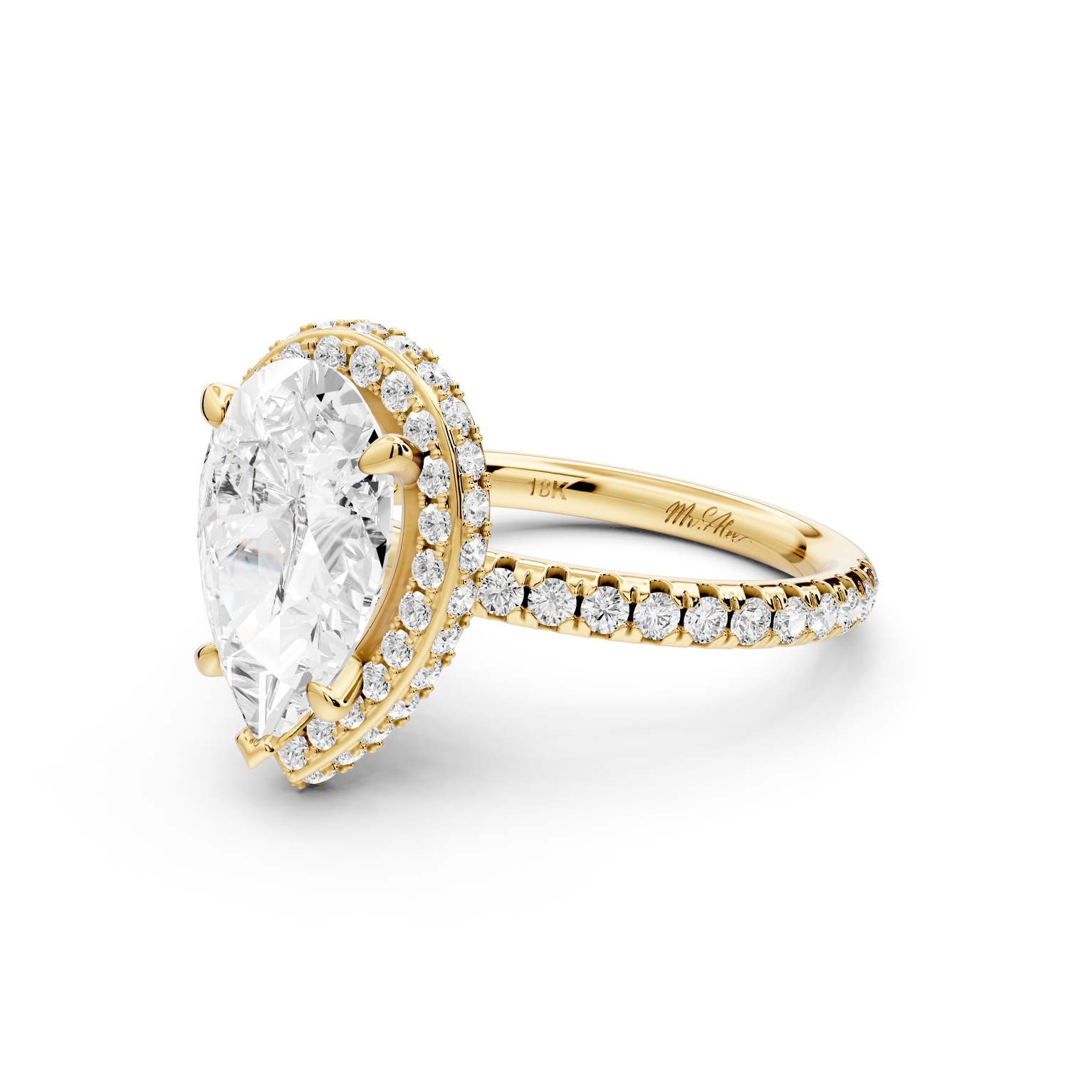 Amelie - 2ct 14k yellow gold pear Diamond with Rollover Halo and Pavé Engagement Ring
