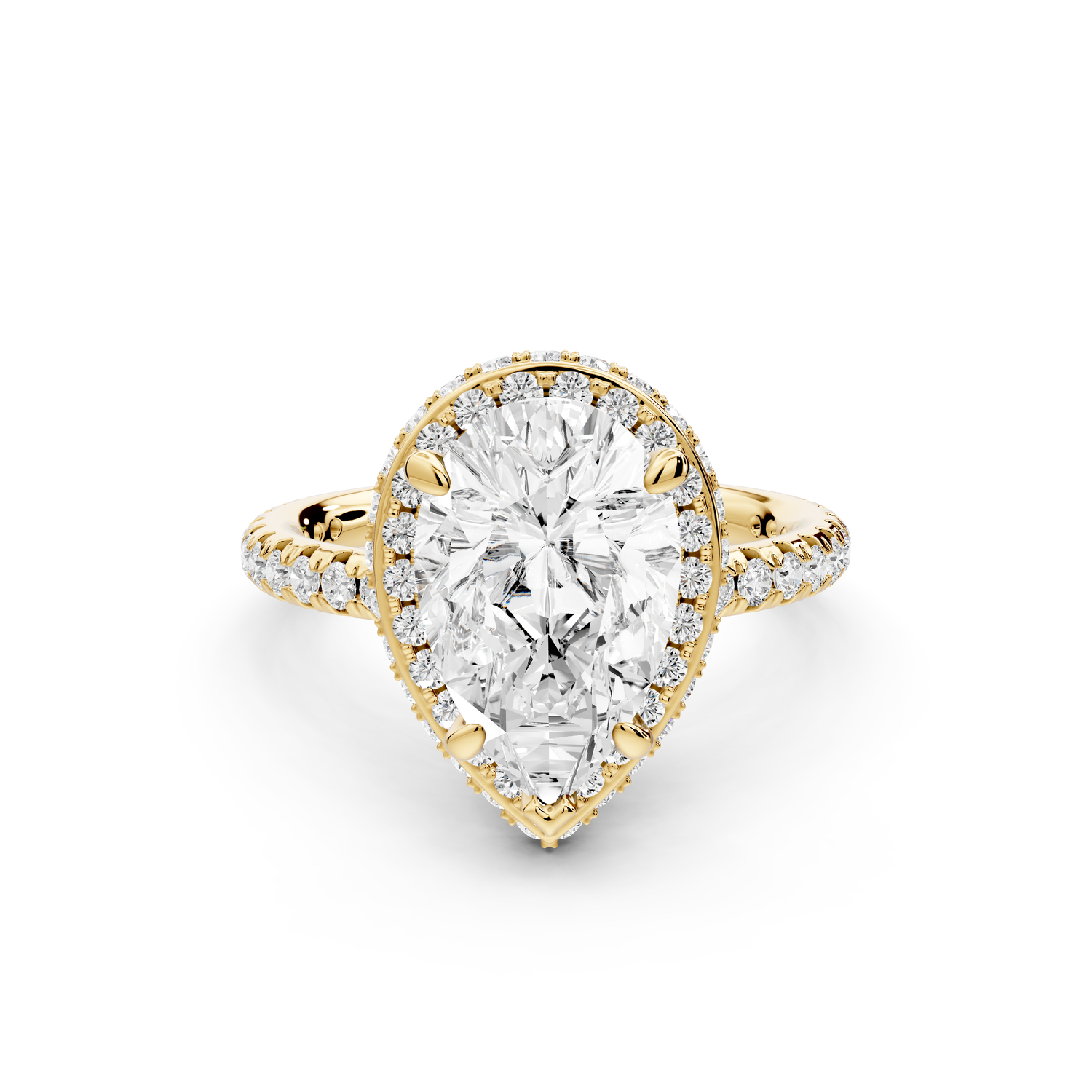 Amelie - 2ct 14k yellow gold pear Diamond with Rollover Halo and Pavé Engagement Ring