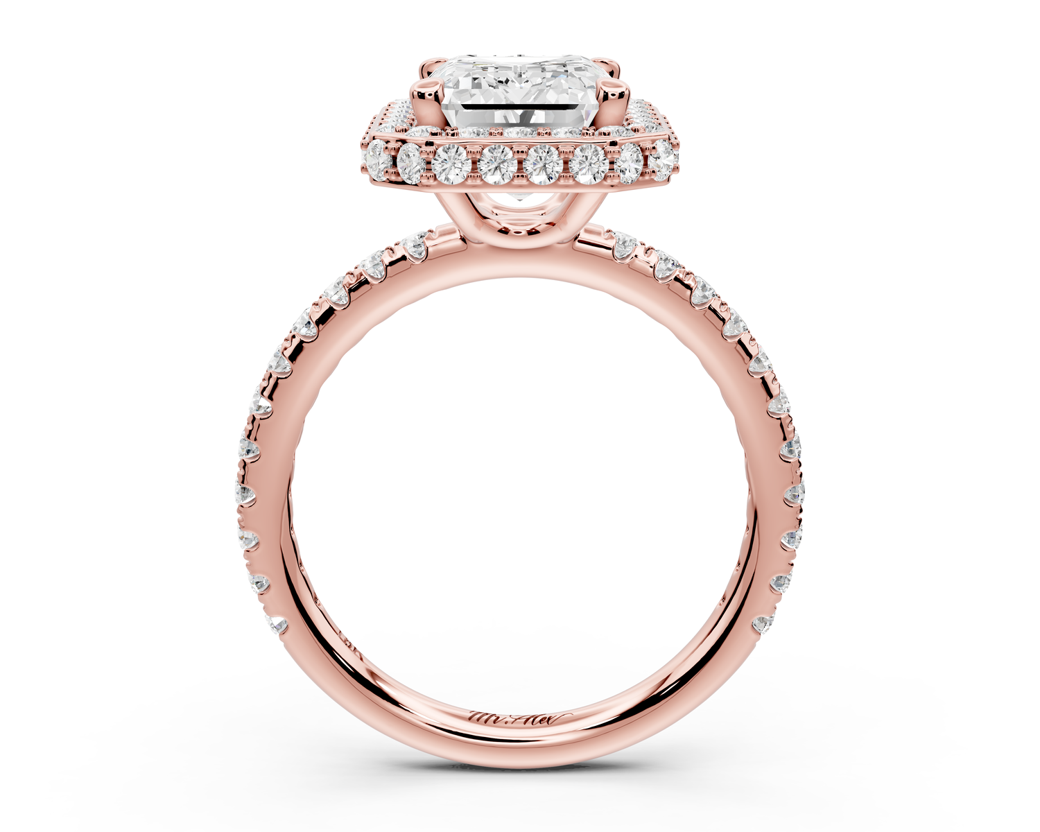 Amelie - 3ct 14k rose gold emerald Diamond with Rollover Halo and Pavé Engagement Ring