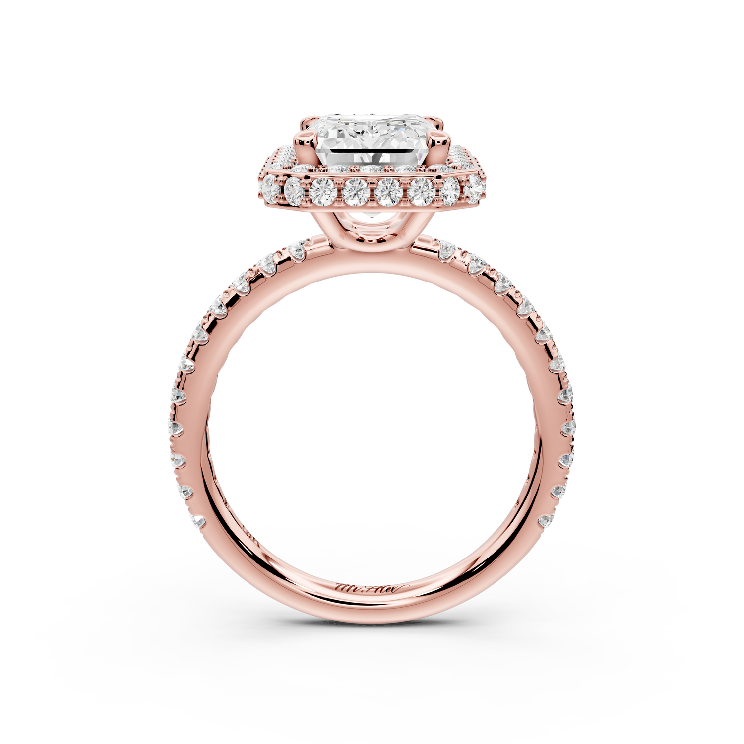 Amelie - 3ct 14k rose gold emerald Diamond with Rollover Halo and Pavé Engagement Ring