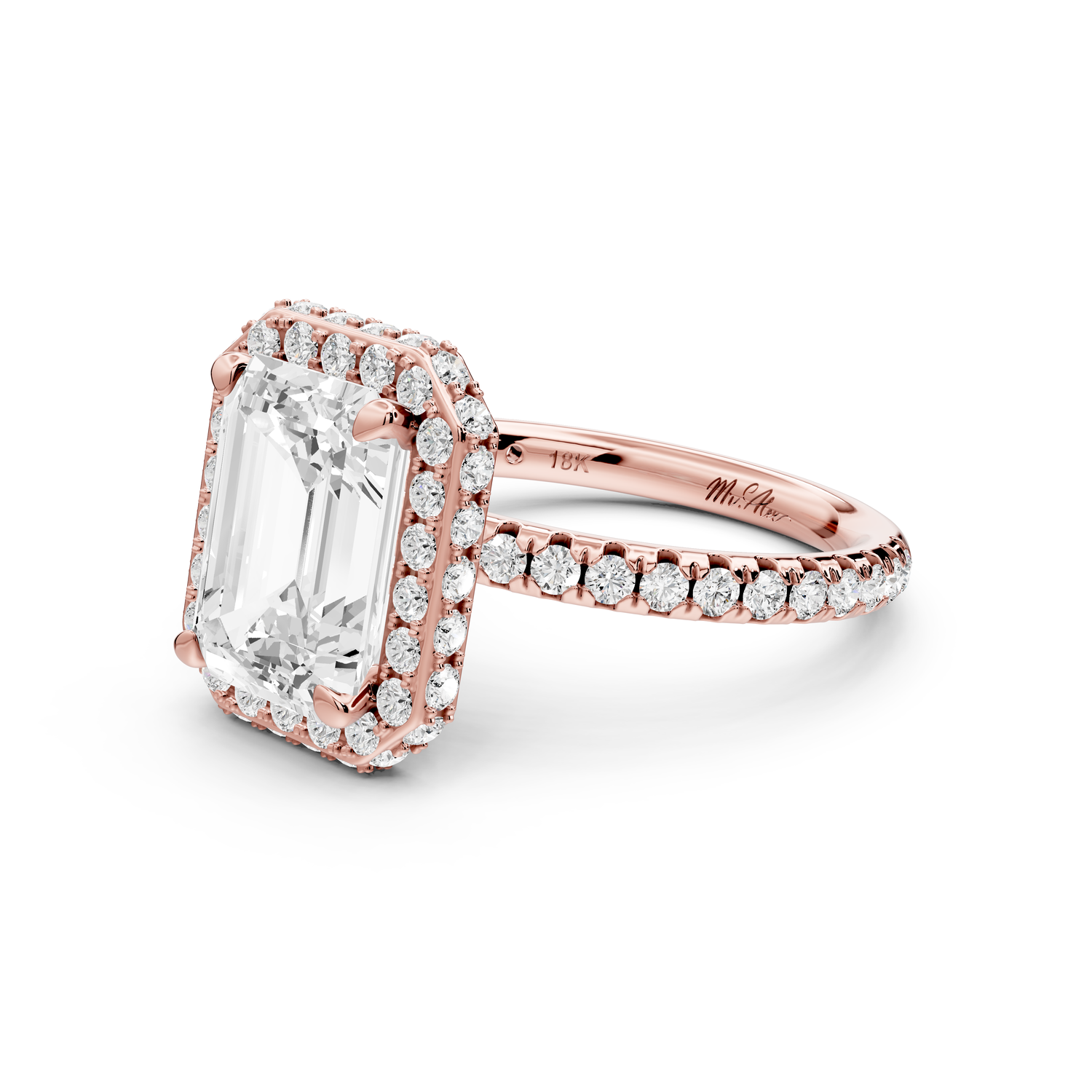 Amelie - 3ct 14k rose gold emerald Diamond with Rollover Halo and Pavé Engagement Ring