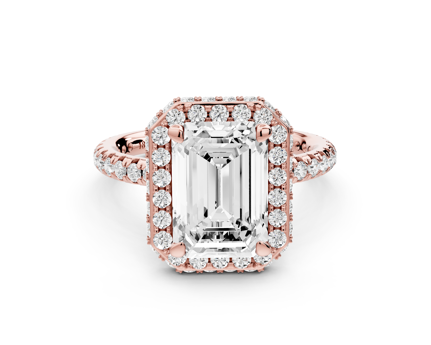 Amelie - 3ct 14k rose gold emerald Diamond with Rollover Halo and Pavé Engagement Ring