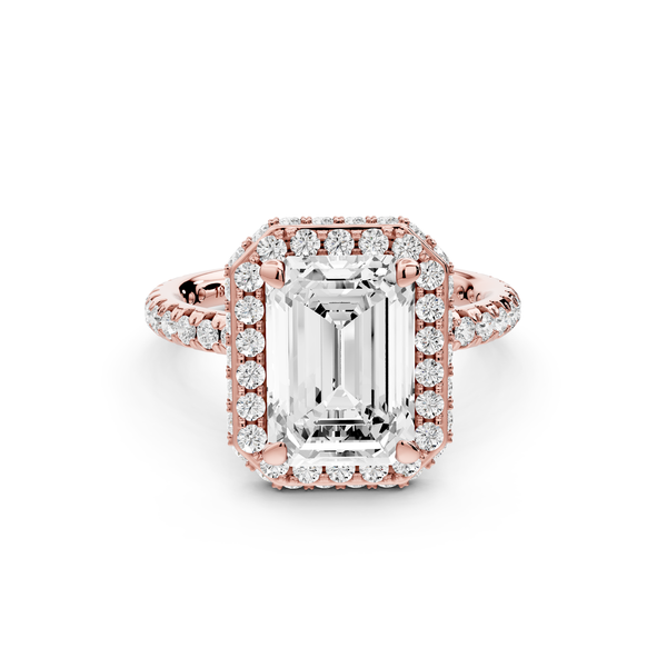 Amelie - 3ct 14k rose gold emerald Diamond with Rollover Halo and Pavé Engagement Ring