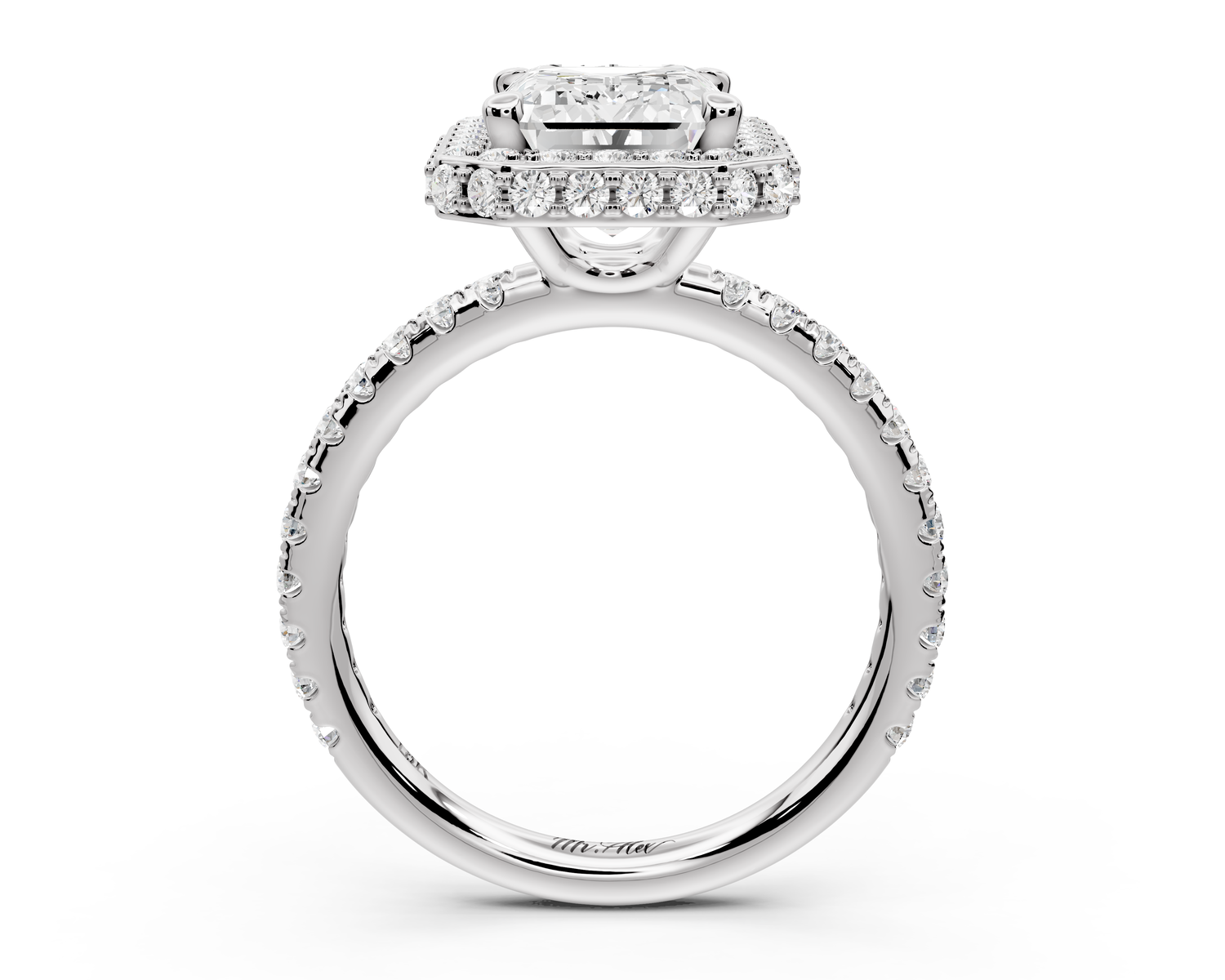 Amelie - 3ct 14k white gold emerald Diamond with Rollover Halo and Pavé Engagement Ring
