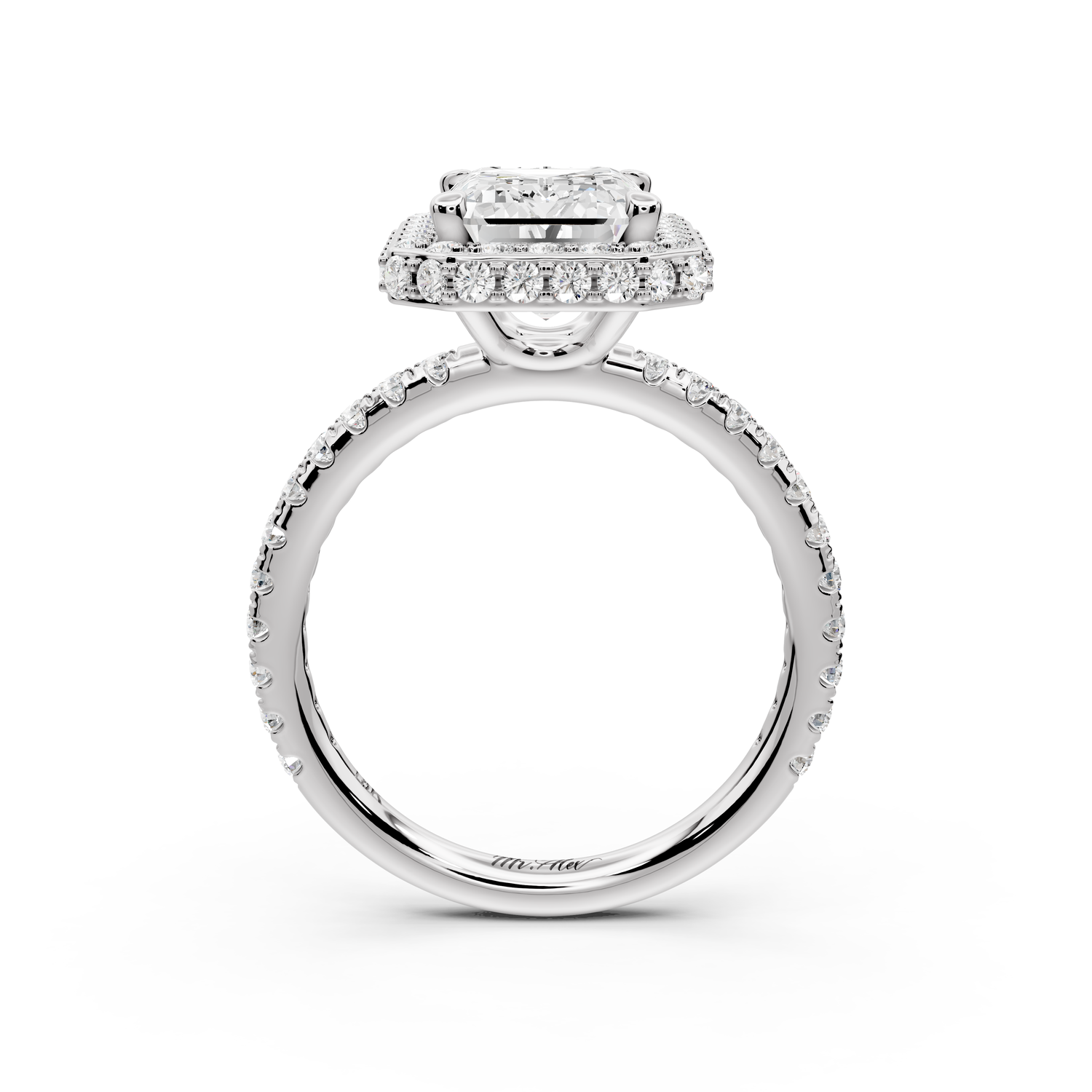 Amelie - 3ct 14k white gold emerald Diamond with Rollover Halo and Pavé Engagement Ring