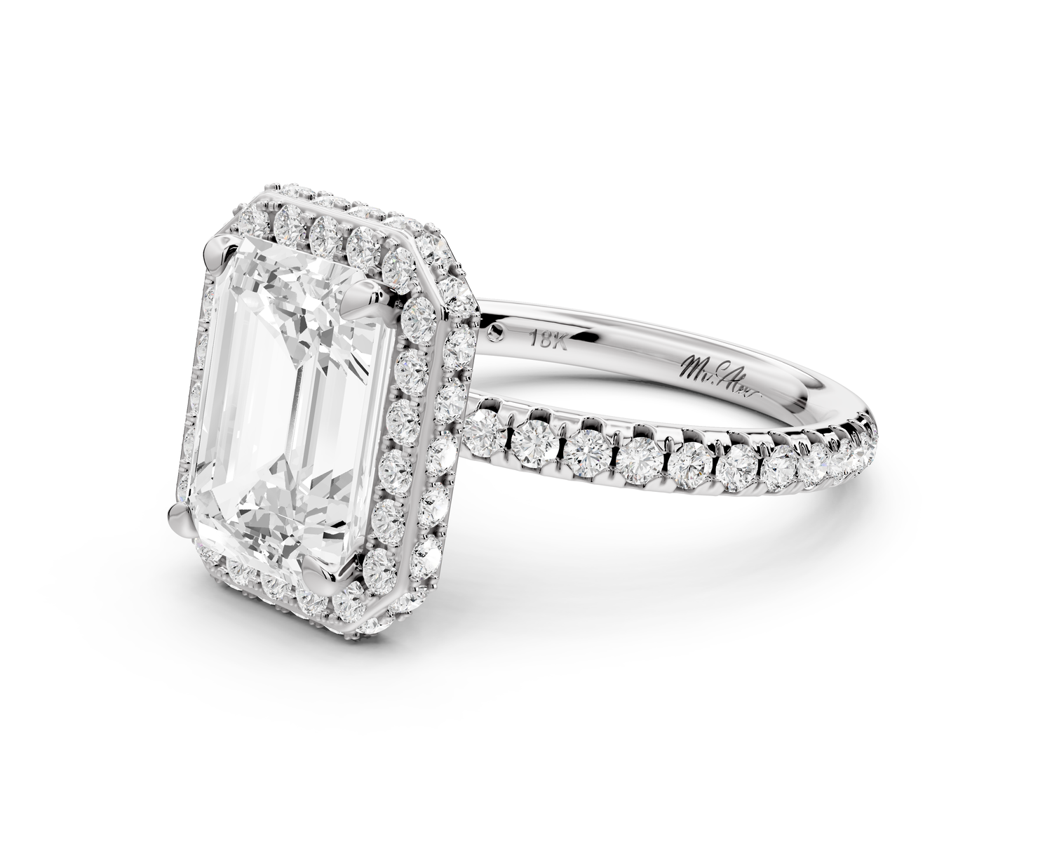 Amelie - 3ct 14k white gold emerald Diamond with Rollover Halo and Pavé Engagement Ring