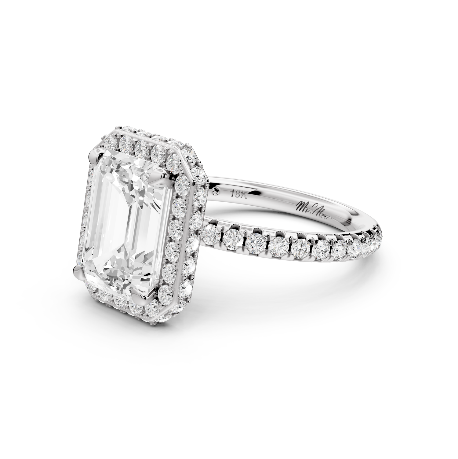 Amelie - 3ct 14k white gold emerald Diamond with Rollover Halo and Pavé Engagement Ring