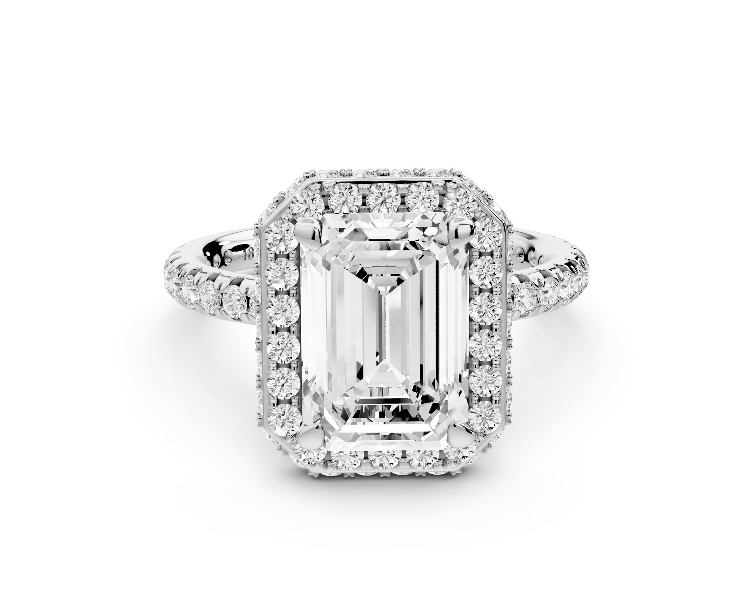 Amelie - 3ct 14k white gold emerald Diamond with Rollover Halo and Pavé Engagement Ring
