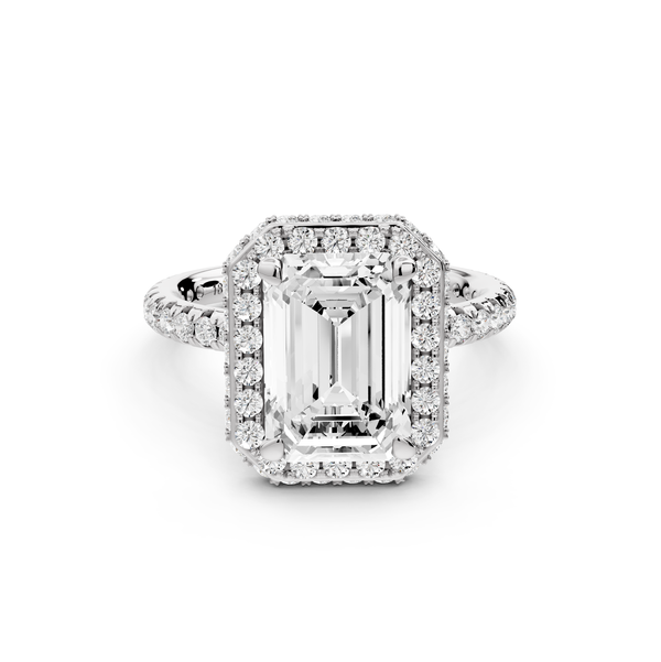 Amelie - 3ct 14k white gold emerald Diamond with Rollover Halo and Pavé Engagement Ring