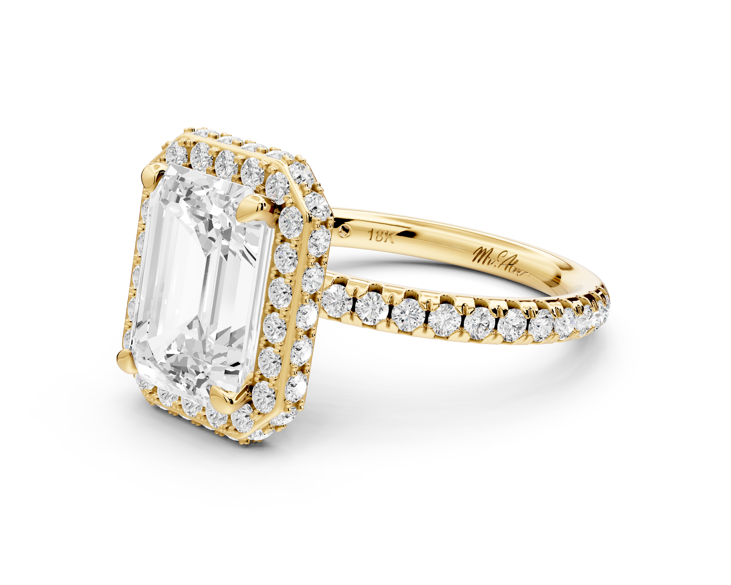 Amelie - 3ct 14k yellow gold emerald Diamond with Rollover Halo and Pavé Engagement Ring