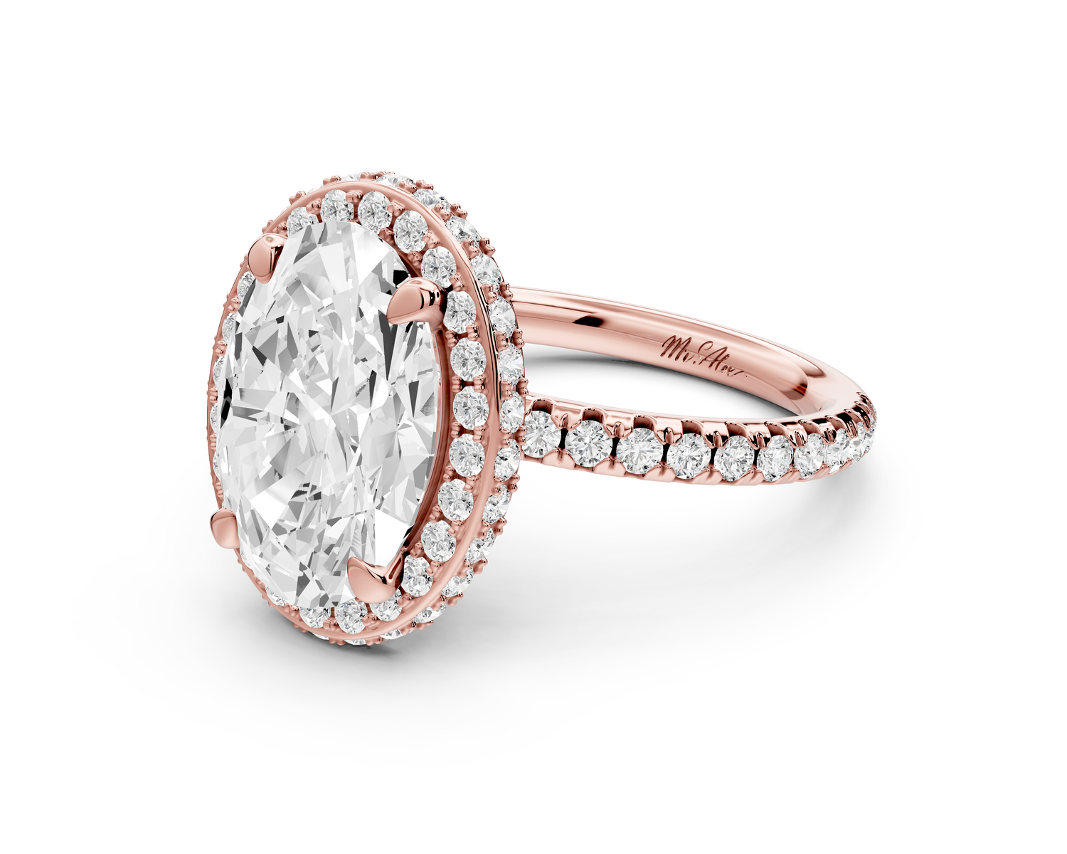 Amelie - 3ct 14k rose gold oval Diamond with Rollover Halo and Pavé Engagement Ring