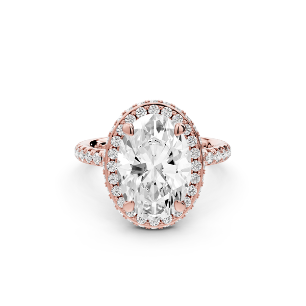 Amelie - 3ct 14k rose gold oval Diamond with Rollover Halo and Pavé Engagement Ring