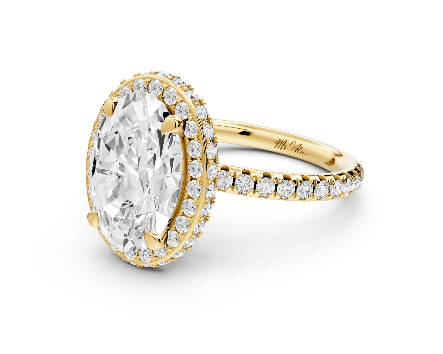 Amelie - 3ct 14k yellow gold oval Diamond with Rollover Halo and Pavé Engagement Ring