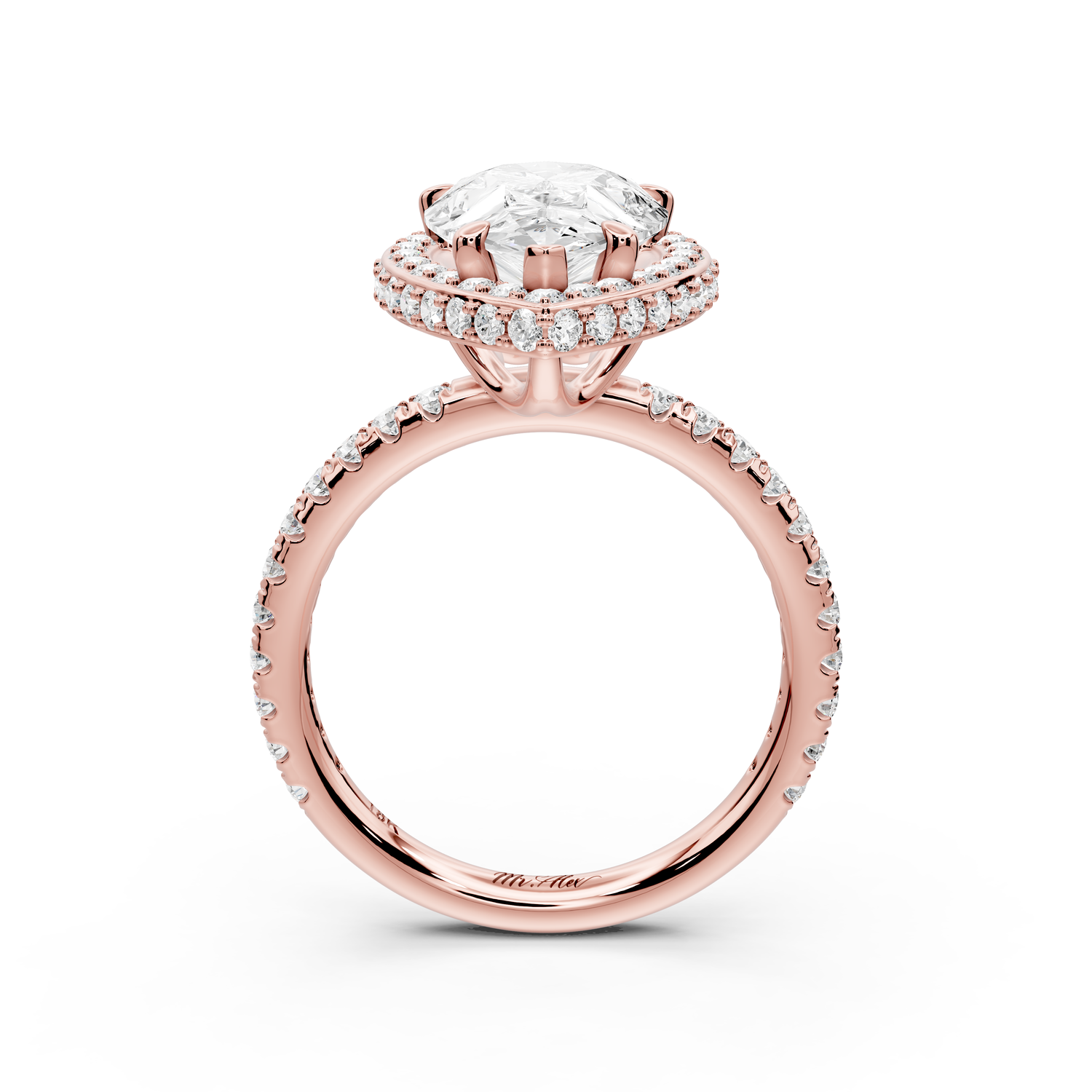 Amelie - 3ct 14k rose gold pear Diamond with Rollover Halo and Pavé Engagement Ring