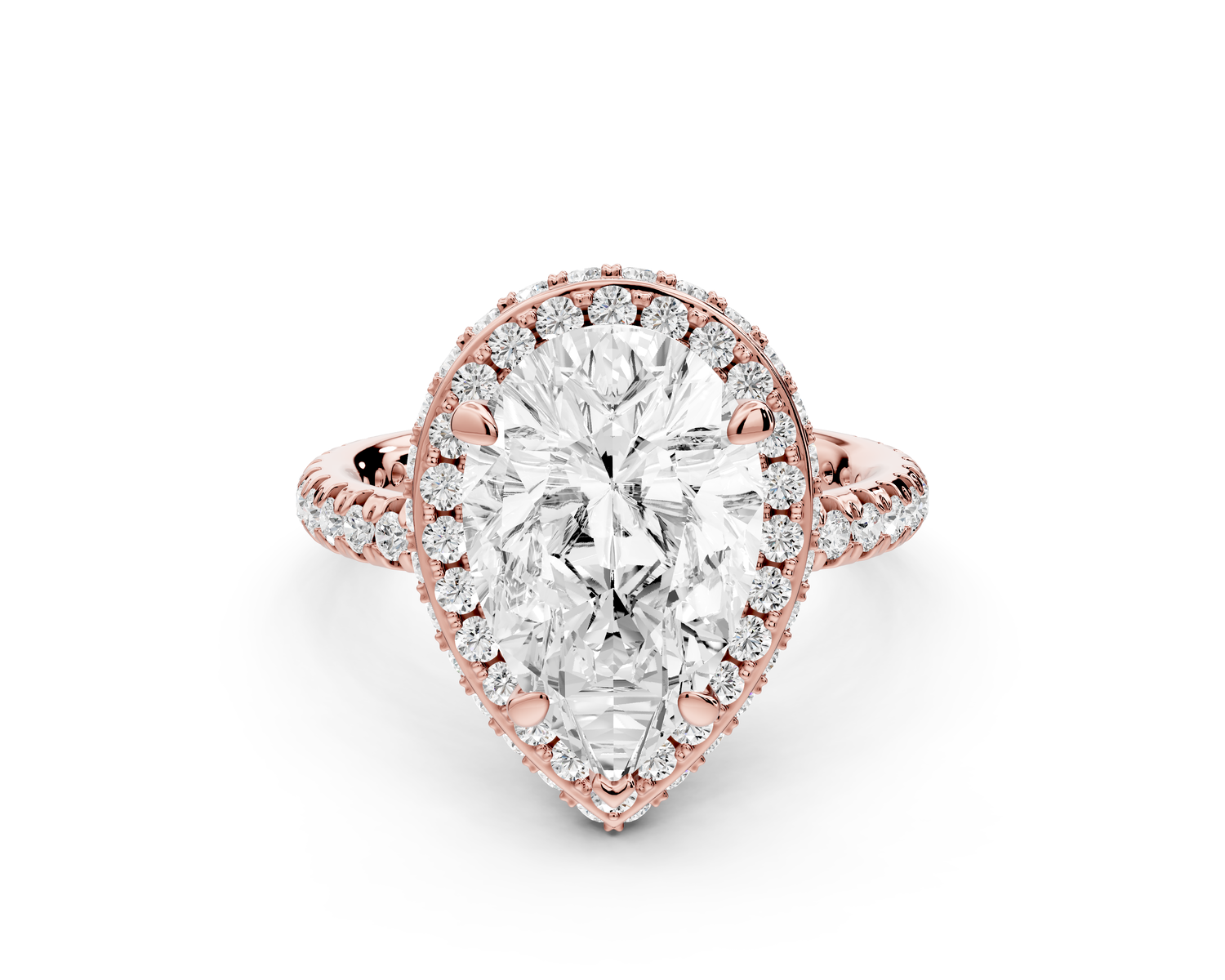 Amelie - 3ct 14k rose gold pear Diamond with Rollover Halo and Pavé Engagement Ring