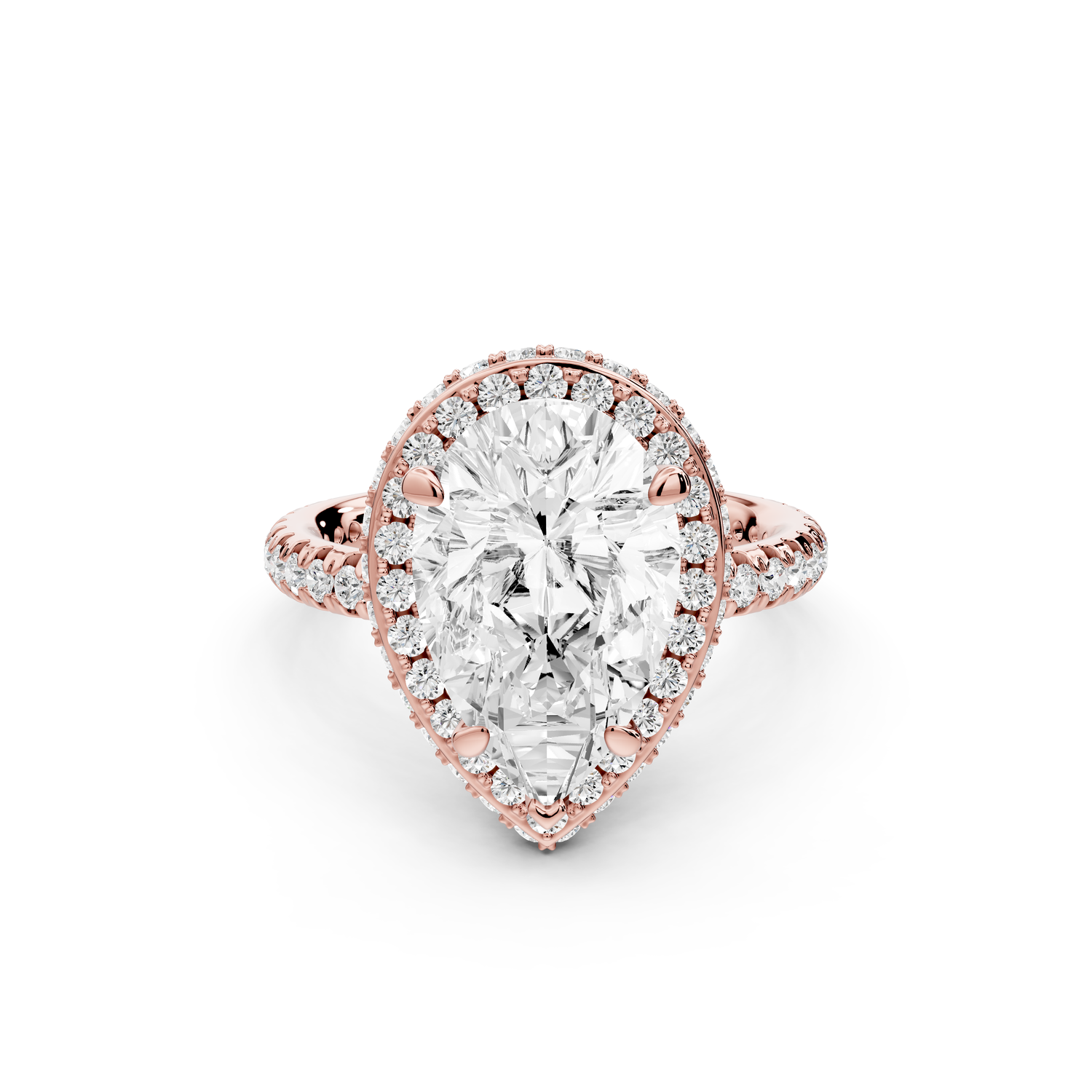 Amelie - 3ct 14k rose gold pear Diamond with Rollover Halo and Pavé Engagement Ring