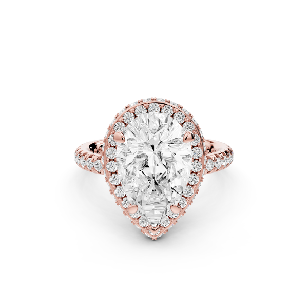 Amelie - 3ct 14k rose gold pear Diamond with Rollover Halo and Pavé Engagement Ring