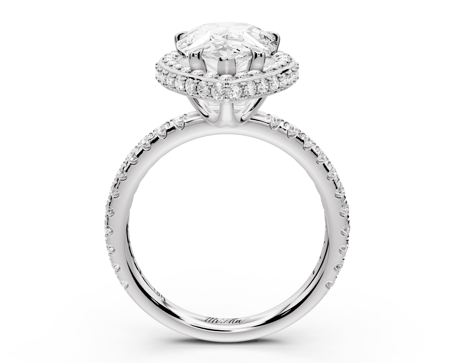 Amelie - 3ct 14k white gold pear Diamond with Rollover Halo and Pavé Engagement Ring