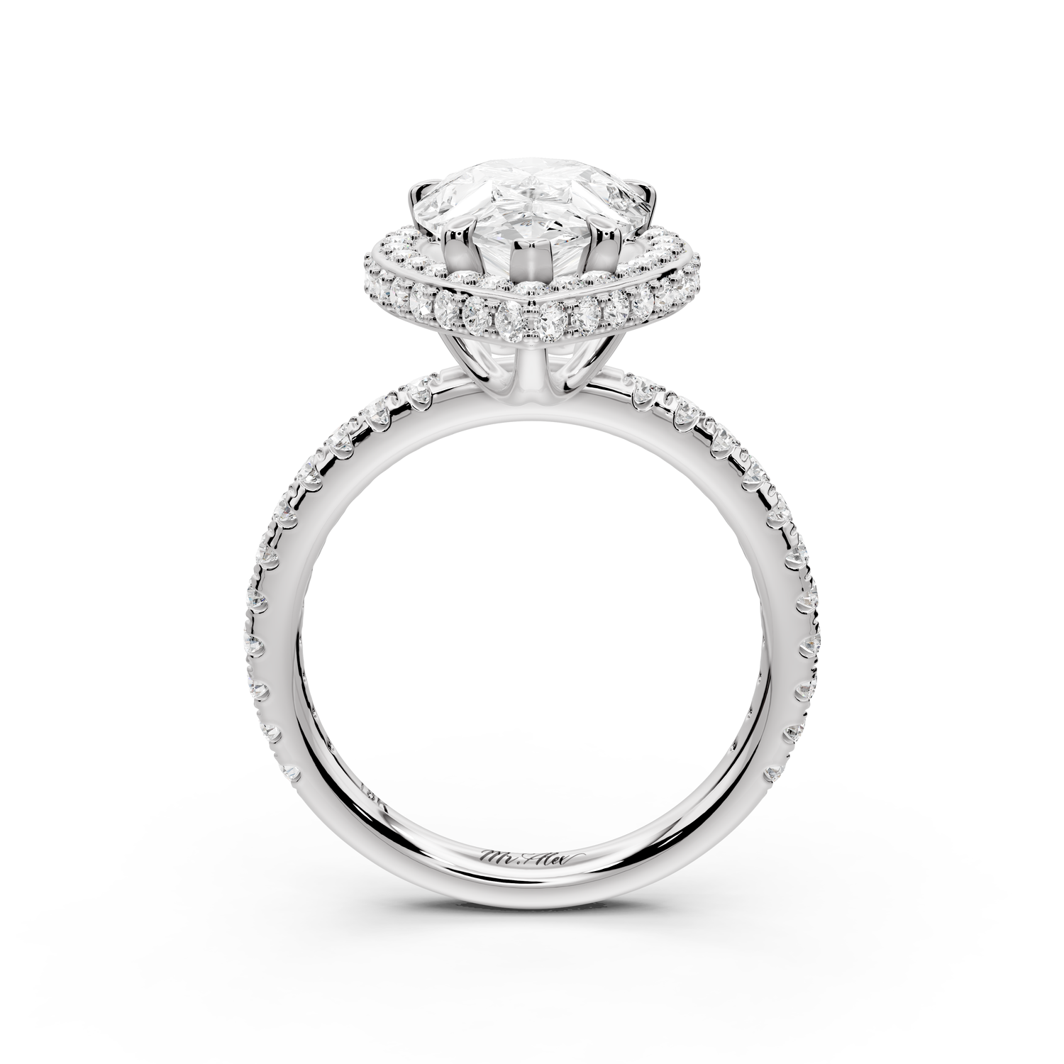 Amelie - 3ct 14k white gold pear Diamond with Rollover Halo and Pavé Engagement Ring