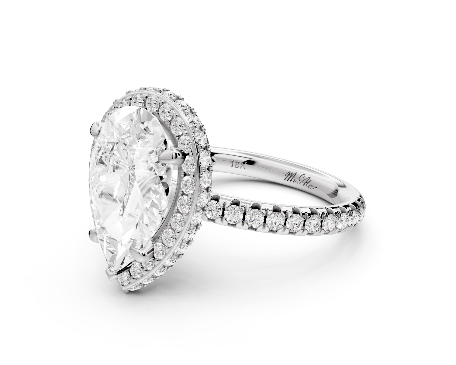 Amelie - 3ct 14k white gold pear Diamond with Rollover Halo and Pavé Engagement Ring