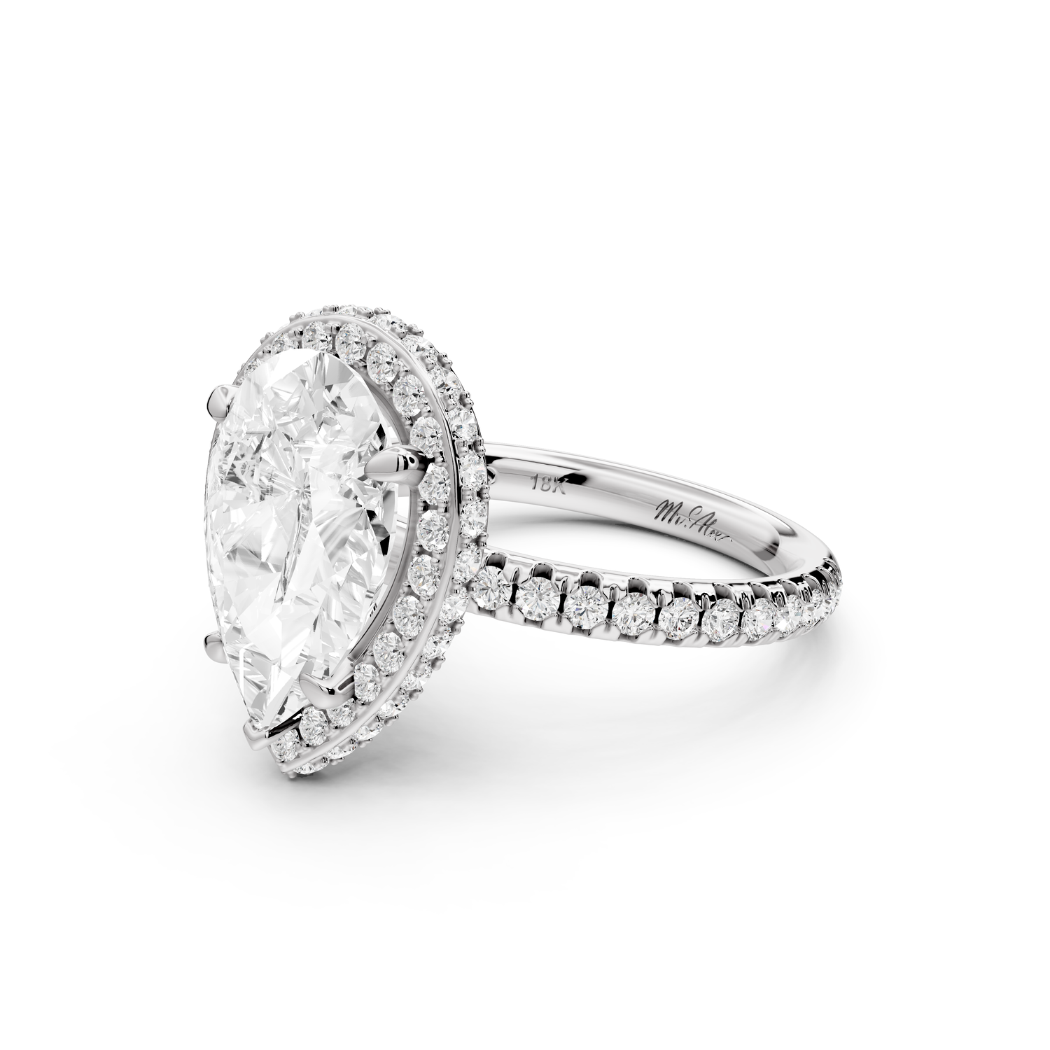 Amelie - 3ct 14k white gold pear Diamond with Rollover Halo and Pavé Engagement Ring