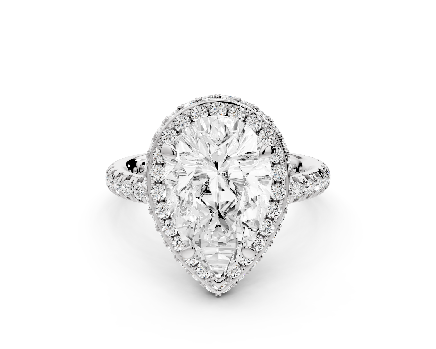 Amelie - 3ct 14k white gold pear Diamond with Rollover Halo and Pavé Engagement Ring
