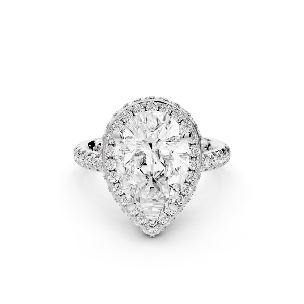 Amelie - 3ct 14k white gold pear Diamond with Rollover Halo and Pavé Engagement Ring