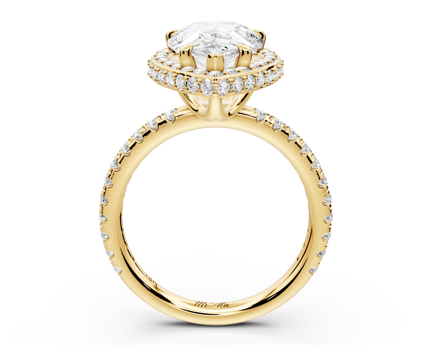Amelie - 3ct 14k yellow gold pear Diamond with Rollover Halo and Pavé Engagement Ring