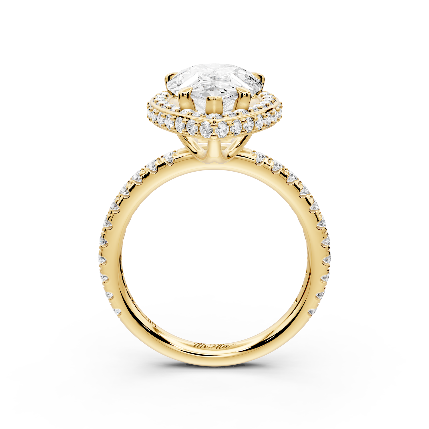 Amelie - 3ct 14k yellow gold pear Diamond with Rollover Halo and Pavé Engagement Ring
