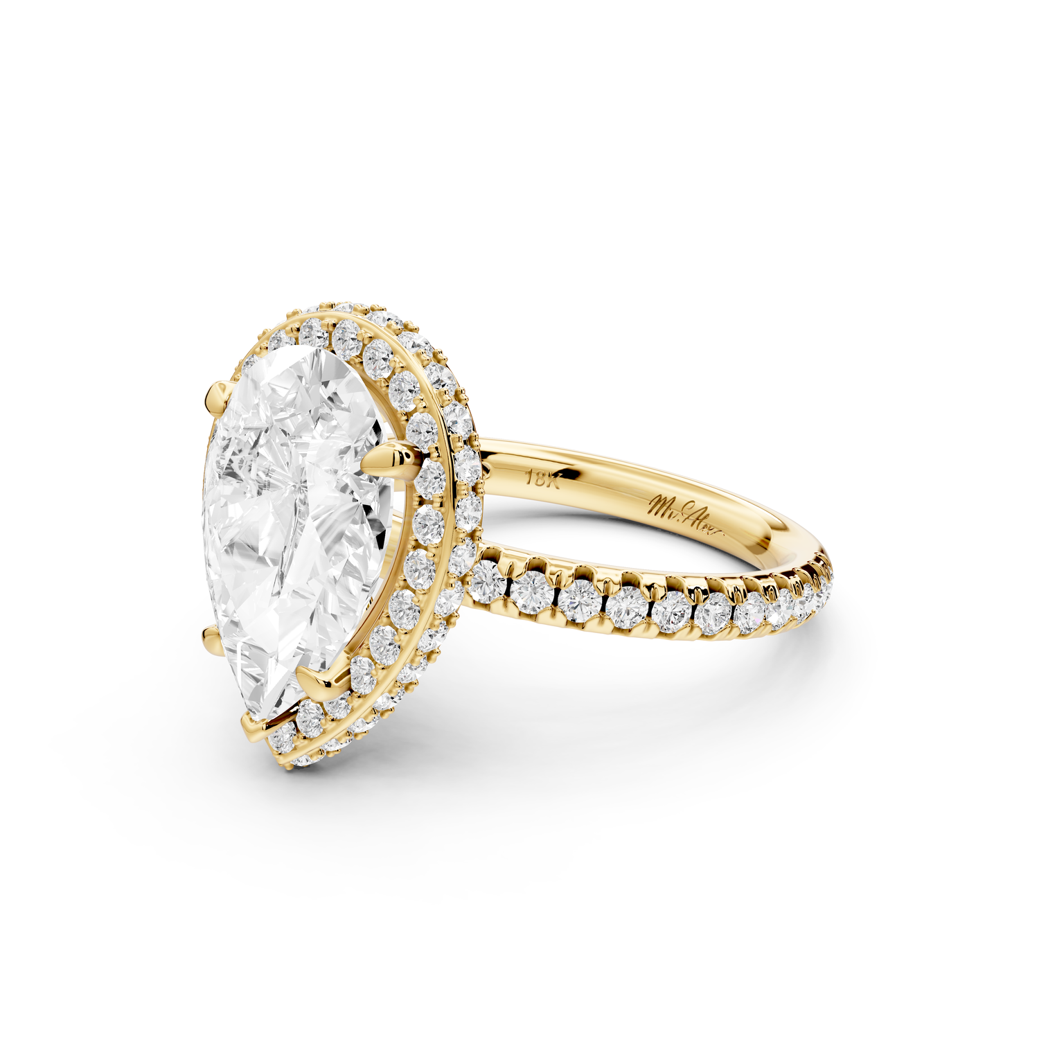 Amelie - 3ct 14k yellow gold pear Diamond with Rollover Halo and Pavé Engagement Ring
