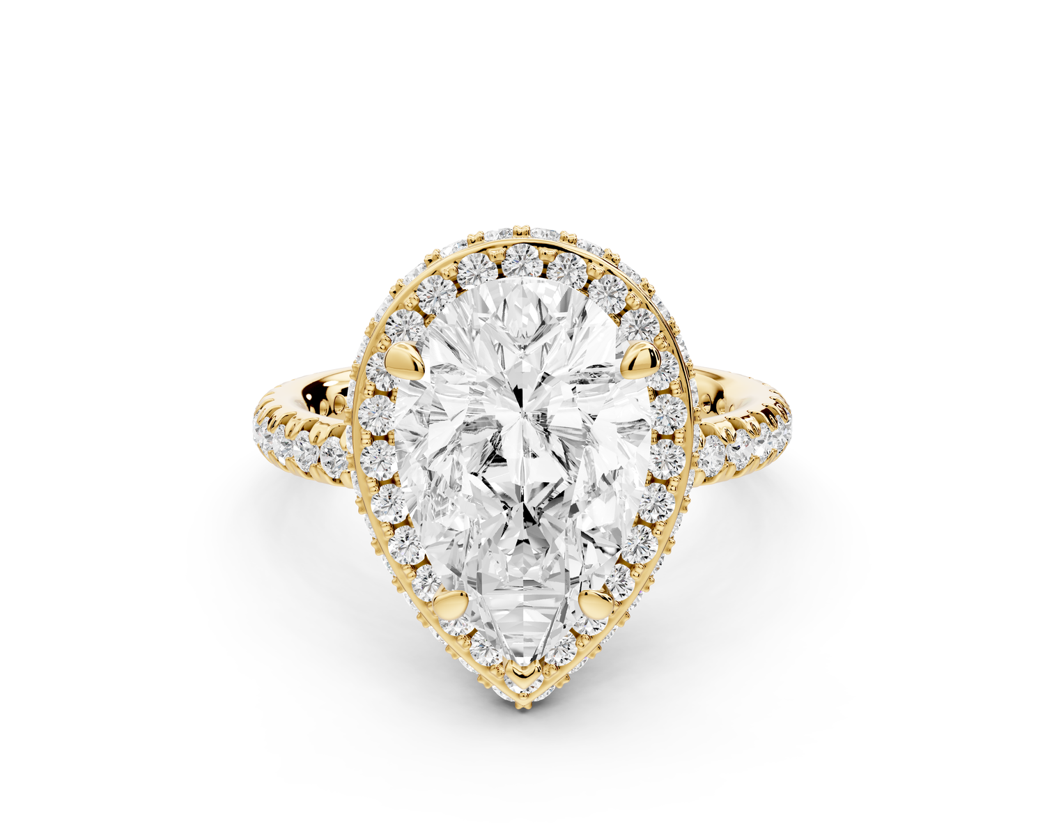 Amelie - 3ct 14k yellow gold pear Diamond with Rollover Halo and Pavé Engagement Ring