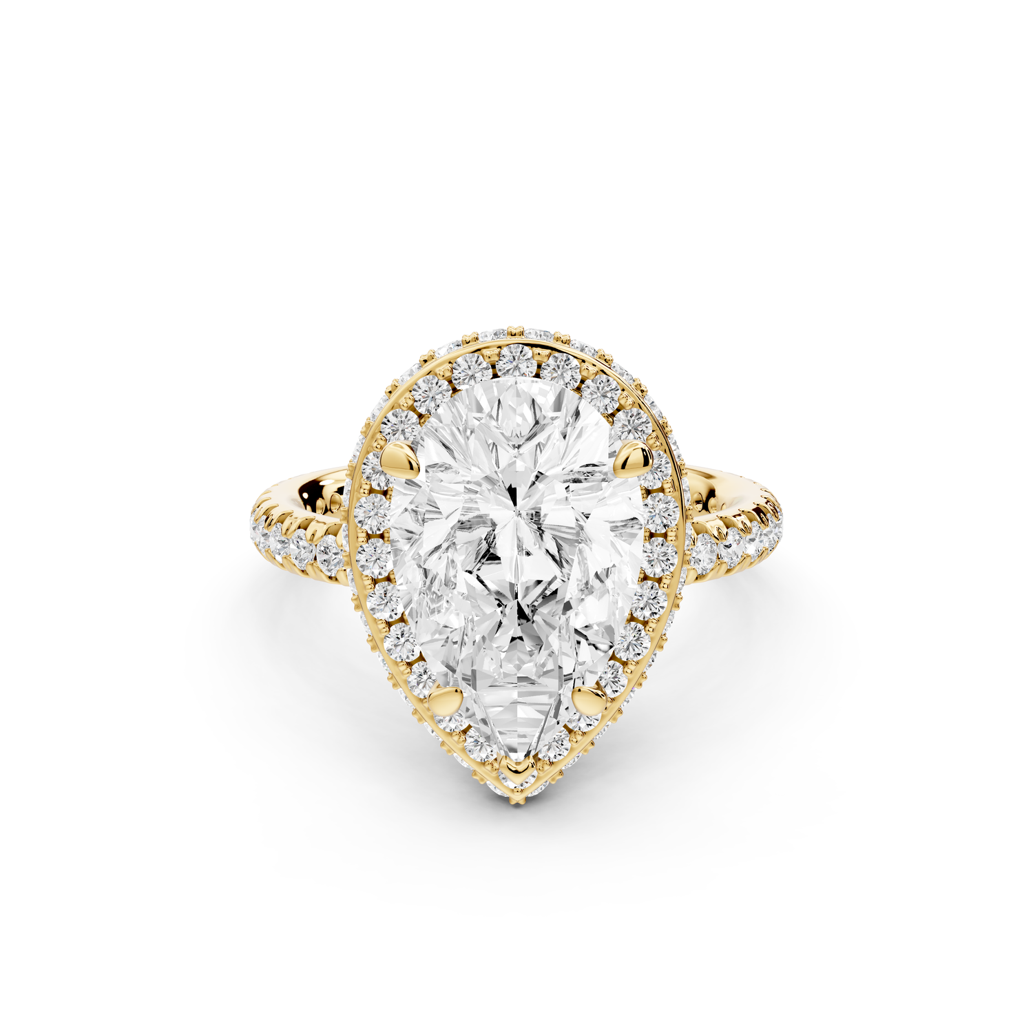 Amelie - 3ct 14k yellow gold pear Diamond with Rollover Halo and Pavé Engagement Ring