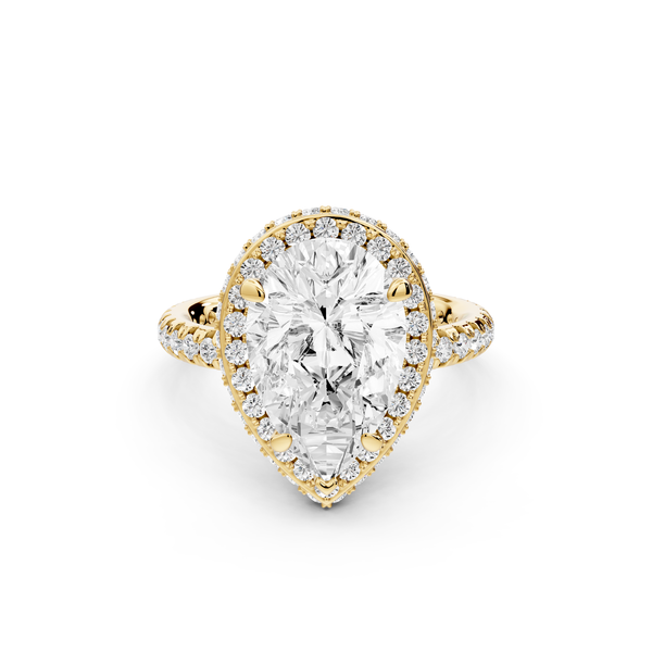 Amelie - 3ct 14k yellow gold pear Diamond with Rollover Halo and Pavé Engagement Ring
