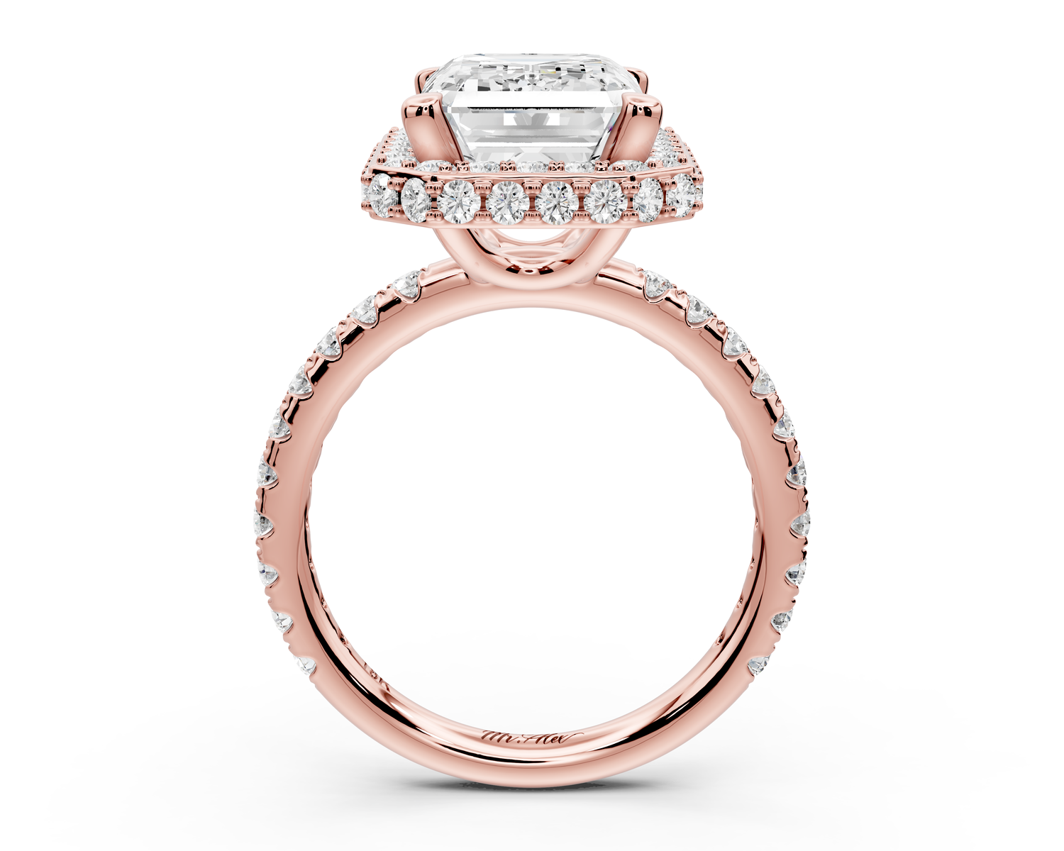 Amelie - 4ct 14k rose gold emerald Diamond with Rollover Halo and Pavé Engagement Ring