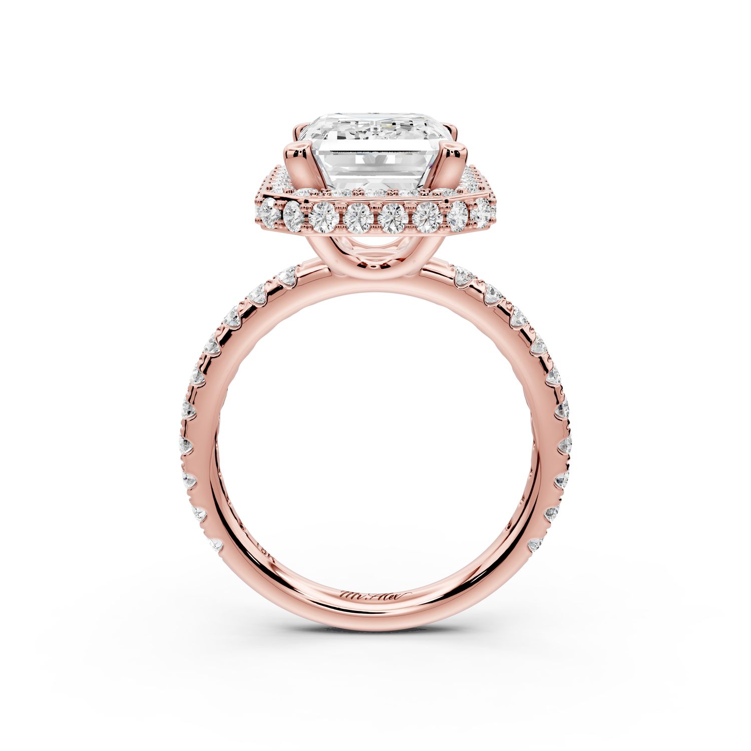 Amelie - 4ct 14k rose gold emerald Diamond with Rollover Halo and Pavé Engagement Ring