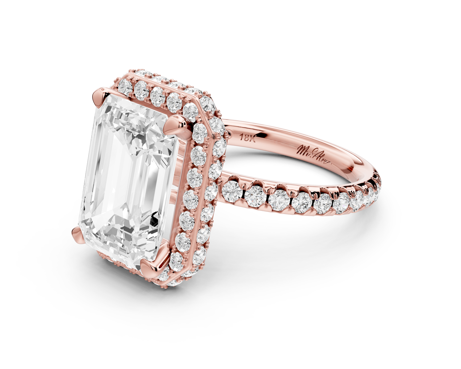 Amelie - 4ct 14k rose gold emerald Diamond with Rollover Halo and Pavé Engagement Ring