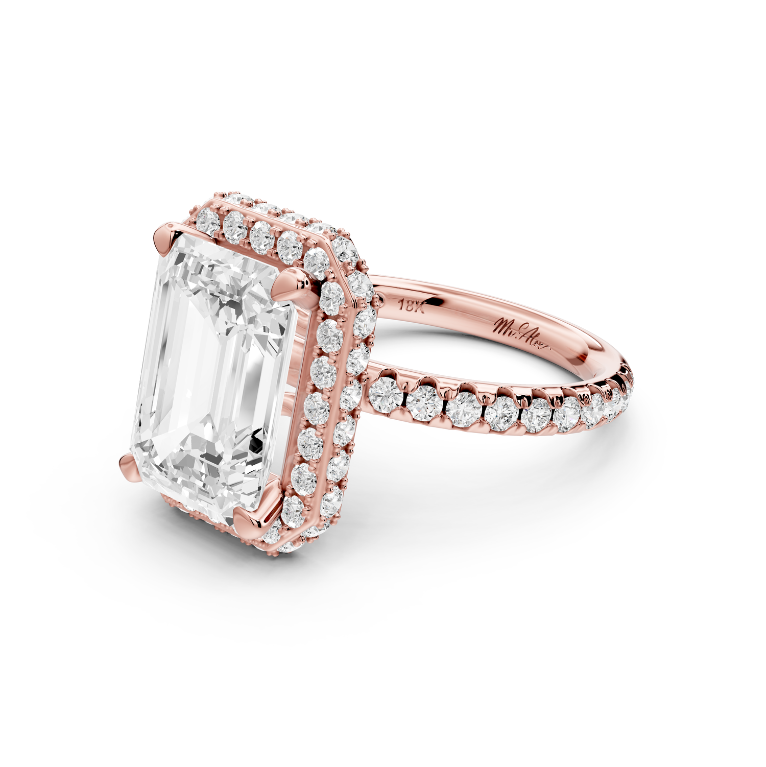Amelie - 4ct 14k rose gold emerald Diamond with Rollover Halo and Pavé Engagement Ring
