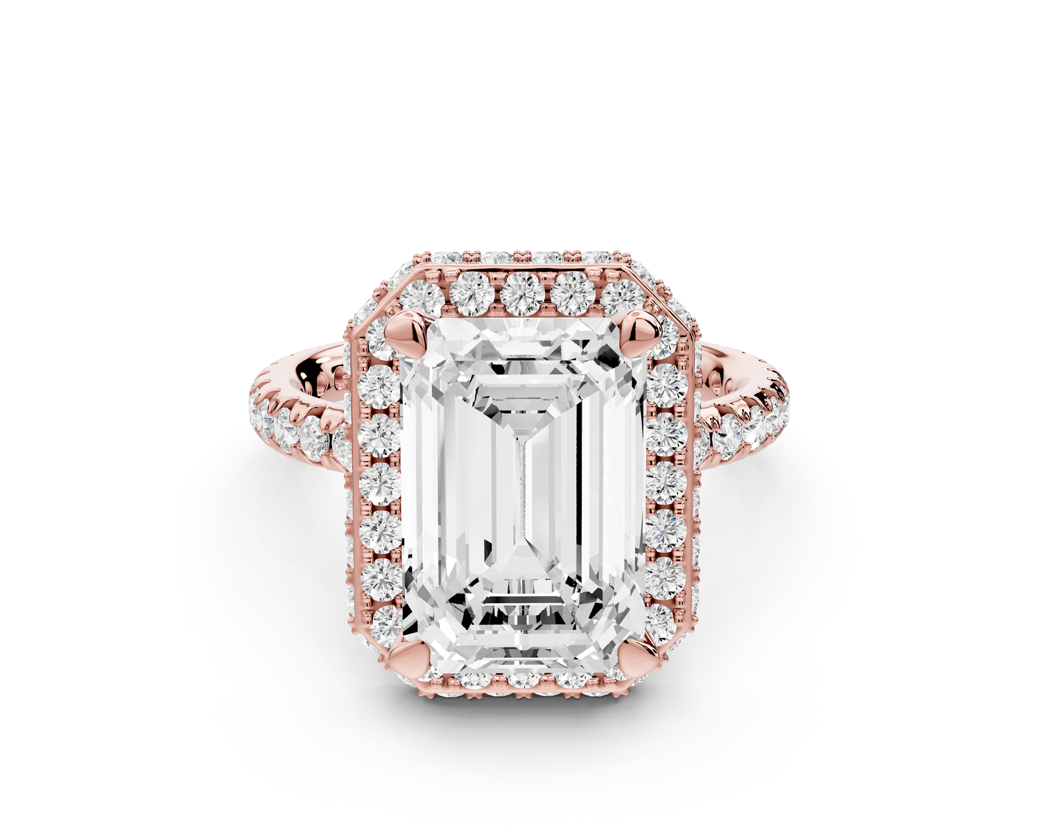 Amelie - 4ct 14k rose gold emerald Diamond with Rollover Halo and Pavé Engagement Ring