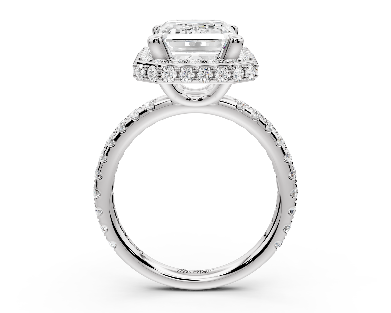 Amelie - 4ct 14k white gold emerald Diamond with Rollover Halo and Pavé Engagement Ring