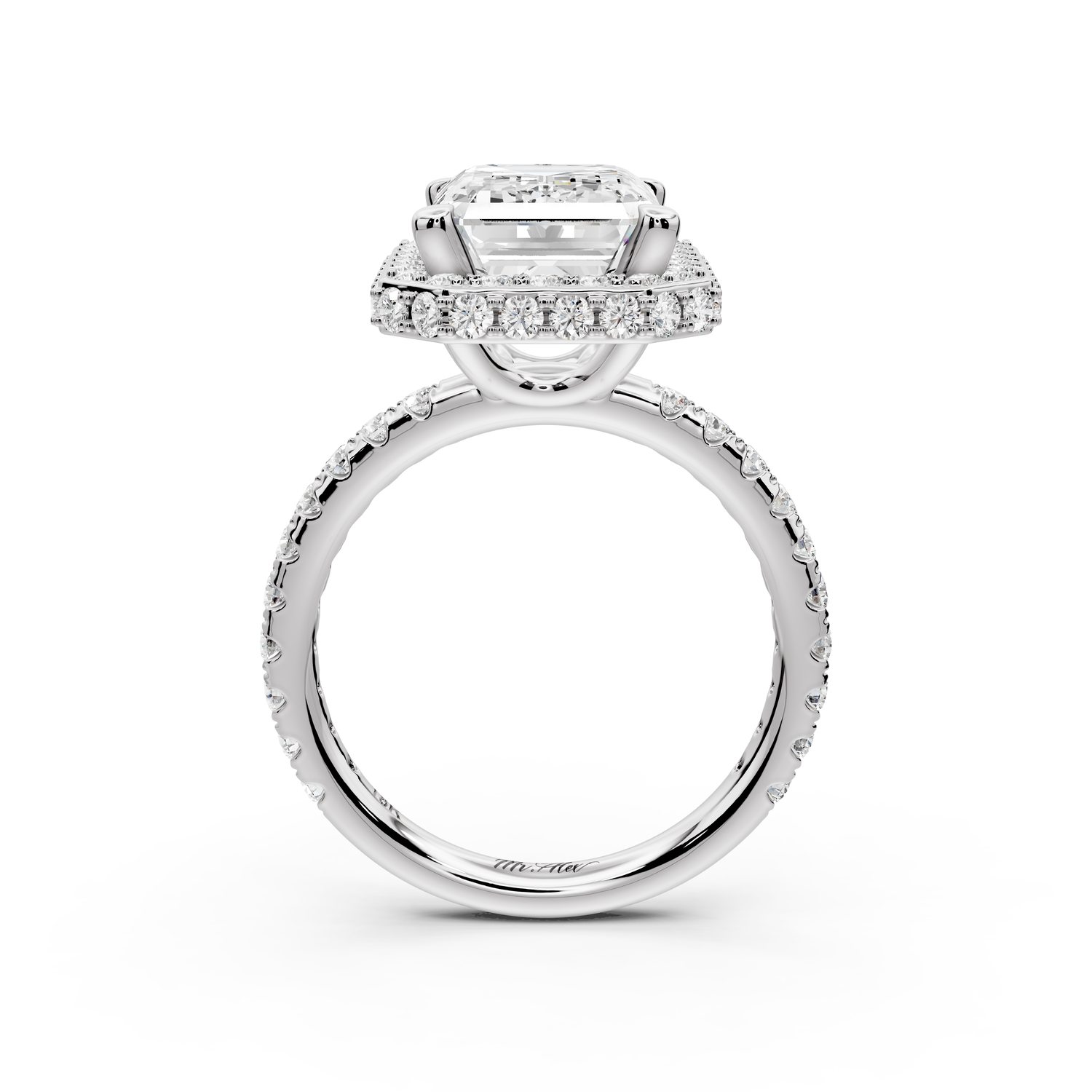 Amelie - 4ct 14k white gold emerald Diamond with Rollover Halo and Pavé Engagement Ring