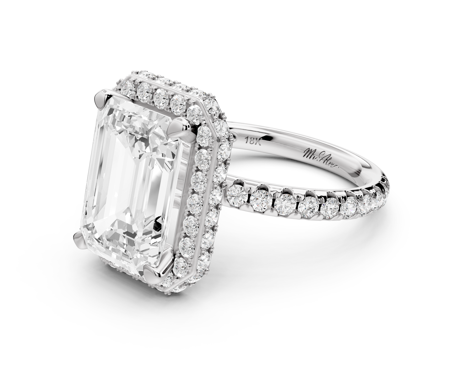 Amelie - 4ct 14k white gold emerald Diamond with Rollover Halo and Pavé Engagement Ring