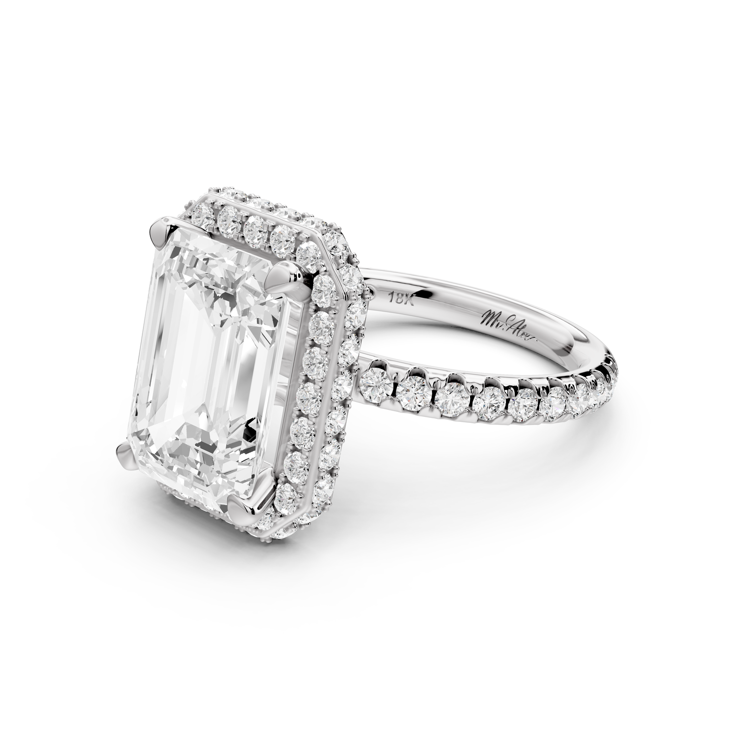 Amelie - 4ct 14k white gold emerald Diamond with Rollover Halo and Pavé Engagement Ring