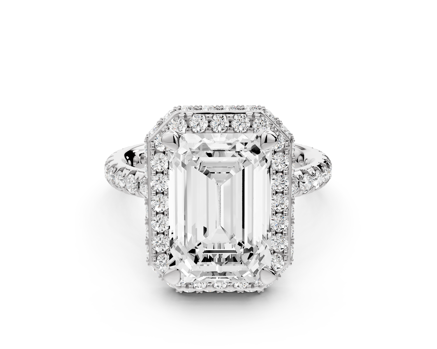 Amelie - 4ct 14k white gold emerald Diamond with Rollover Halo and Pavé Engagement Ring