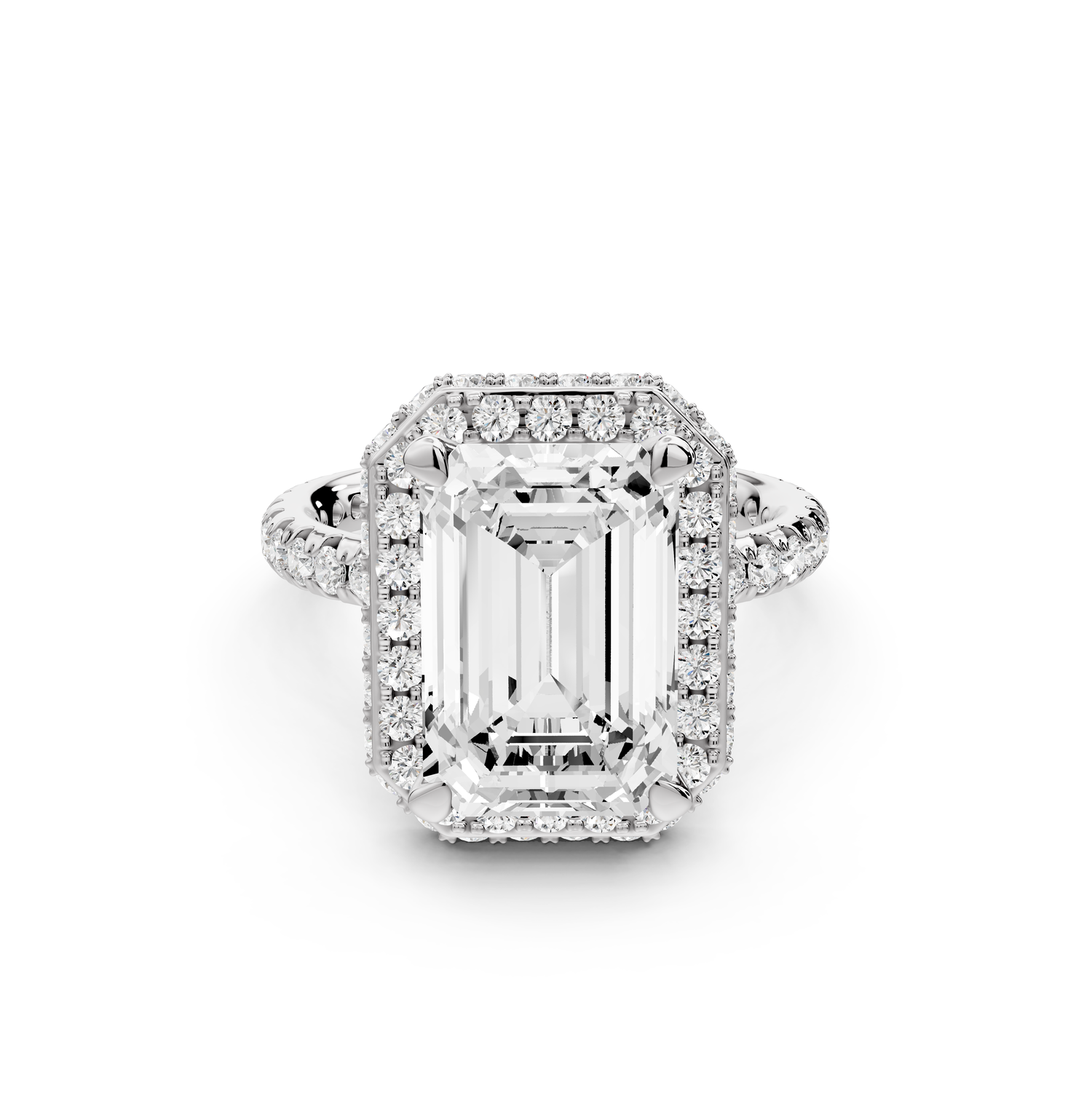 Amelie - 4ct 14k white gold emerald Diamond with Rollover Halo and Pavé Engagement Ring