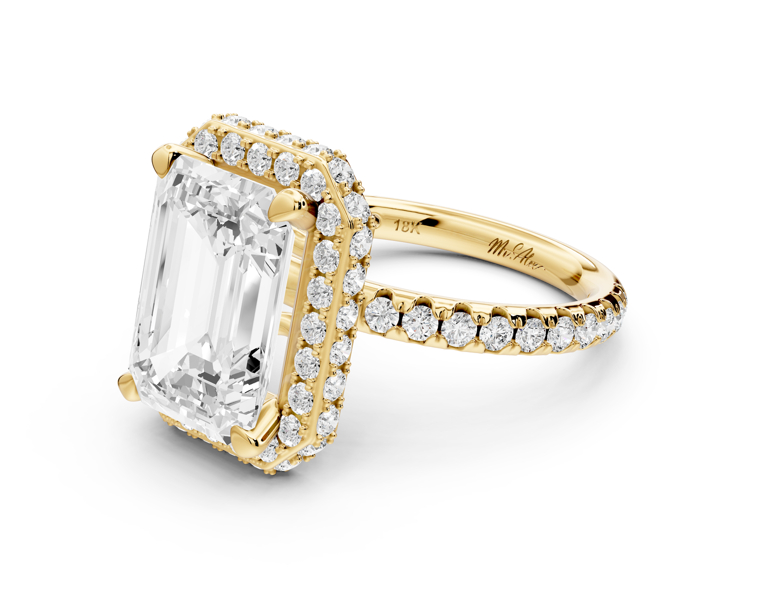 Amelie - 4ct 14k yellow gold emerald Diamond with Rollover Halo and Pavé Engagement Ring