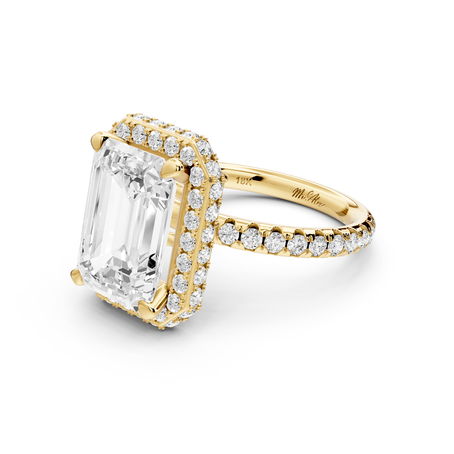 Amelie - 4ct 14k yellow gold emerald Diamond with Rollover Halo and Pavé Engagement Ring