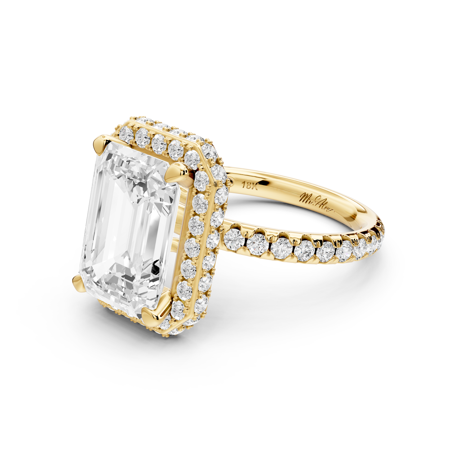 Amelie - 4ct 14k yellow gold emerald Diamond with Rollover Halo and Pavé Engagement Ring